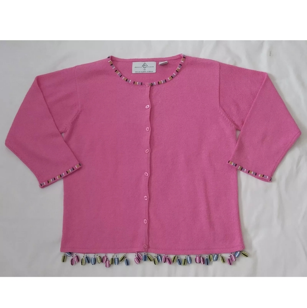 Design Options By Philip & Jane Gordon Pink Glass Beads Cardigan Women's Sz Med